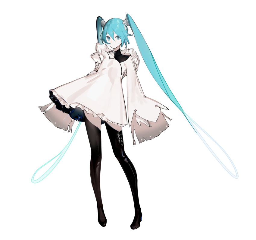 1girl alternate_costume aqua_eyes aqua_hair arms_at_sides asymmetrical_clothes bangs black_footwear black_legwear boots closed_mouth detached_sleeves dress eyes_visible_through_hair frilled_dress frills full_body hair_between_eyes hair_ribbon hair_rings hatsune_miku high_heel_boots high_heels highres layered_dress long_hair long_sleeves looking_at_viewer pigeon-toed ribbon sidelocks simple_background single_detached_sleeve sleeves_past_fingers sleeves_past_wrists smile solo standing thigh-highs thigh_boots twintails very_long_hair vocaloid vocaloid_boxart_pose white_background white_dress white_ribbon wide_sleeves yyb zettai_ryouiki