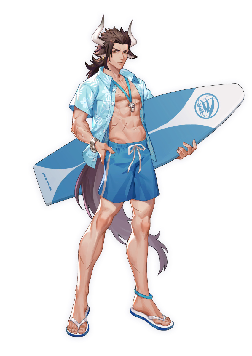 1boy absurdres animal_ears anklet arknights blue_shirt brown_hair cow_ears cow_horns full_body hawaiian_shirt highres horns jewelry lifeguard long_hair male_focus male_swimwear matterhorn_(arknights) midriff mo_si_(z1216150815) muscle navel open_clothes open_shirt sandals scar shirt simple_background standing surfboard swim_trunks swimwear tail watch watch whistle white_background