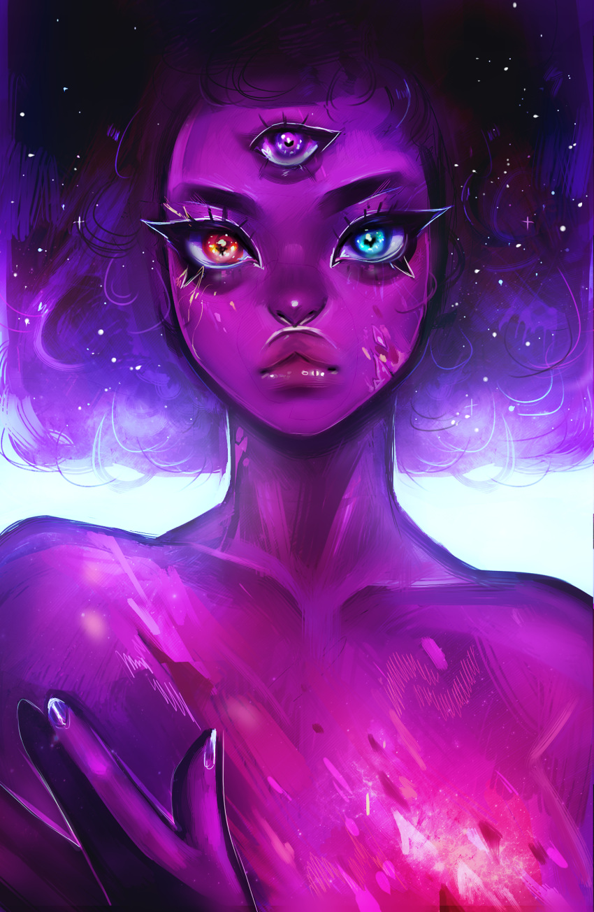 1girl afro black_hair eyelashes eyes galaxy garnet_(steven_universe) highres lips looking_at_viewer multicolored multicolored_eyes nude purple_nails purple_skin simple_background solo sparkling_eyes star steven_universe third_eye touching viorie