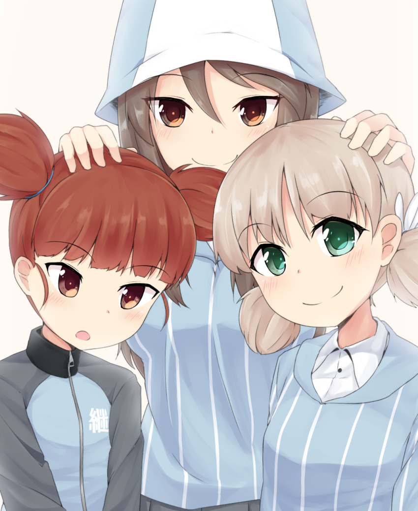 3girls :o aki_(girls_und_panzer) bangs blue_headwear blue_jacket blue_shirt brown_eyes brown_hair closed_mouth commentary dress_shirt eyebrows_visible_through_hair girls_und_panzer green_eyes hair_tie hand_on_another's_head hat head_tilt highres jacket keizoku_military_uniform keizoku_school_uniform light_blush light_brown_hair long_hair long_sleeves looking_at_viewer mika_(girls_und_panzer) mikko_(girls_und_panzer) military military_uniform multiple_girls nenosame open_mouth red_eyes redhead school_uniform shirt short_hair short_twintails side-by-side smile striped striped_shirt track_jacket twintails uniform upper_body vertical-striped_shirt vertical_stripes white_shirt