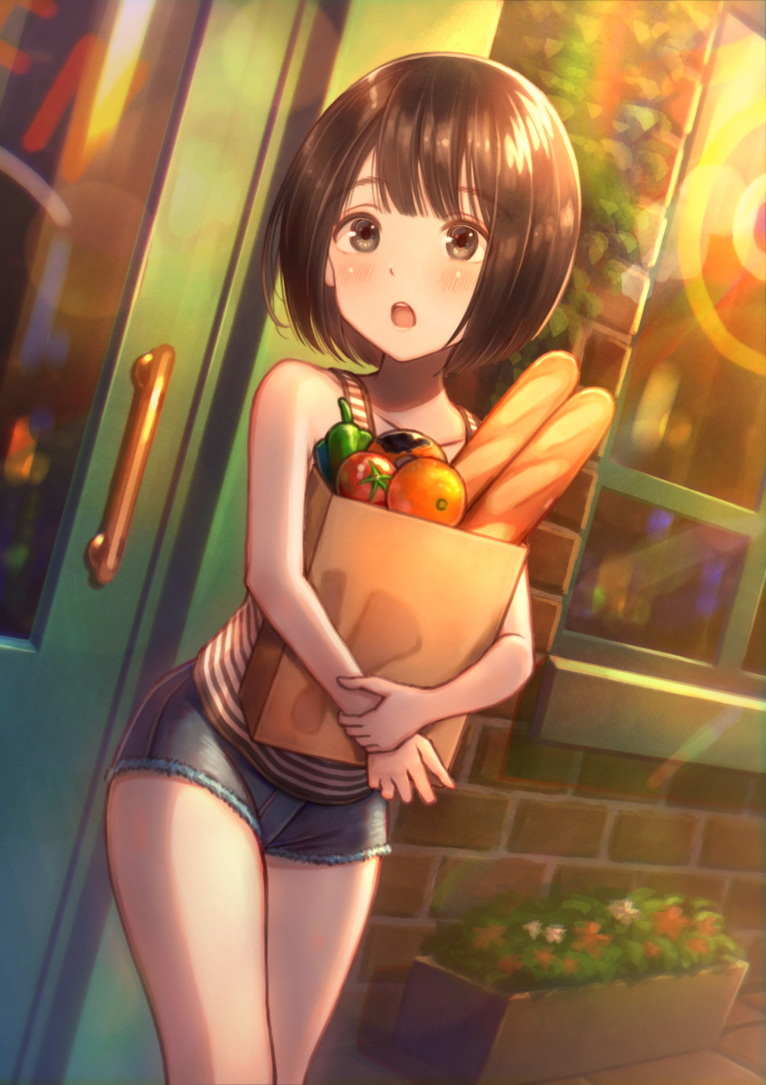 1girl bag bangs blush bob_cut bread brick_wall brown_eyes brown_hair carrying_bag door eyebrows_visible_through_hair food groceries grocery_bag highres open_mouth original shirt shopping_bag short_shorts shorts solo striped striped_shirt tanbonota46 vegetable window