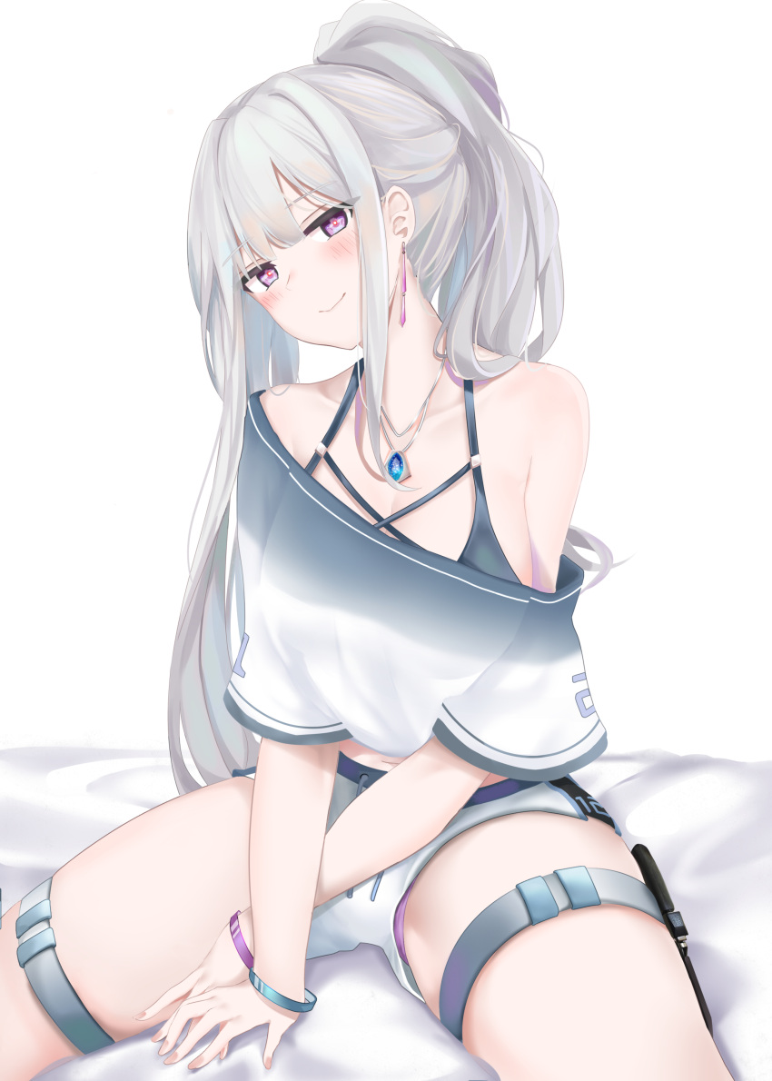 1girl absurdres ak-12_(girls_frontline) bangs bare_shoulders braid breasts casual closed_mouth combat_knife crop_top earrings eyebrows_visible_through_hair girls_frontline head_tilt highres jewelry knife long_hair looking_at_viewer medium_breasts midriff necklace off_shoulder panties ponytail purple_panties ribbon ru_zhai sapphire_(gemstone) shirt short_shorts shorts sidelocks silver_hair sitting smile thigh_strap underwear very_long_hair violet_eyes weapon white_shorts wristband