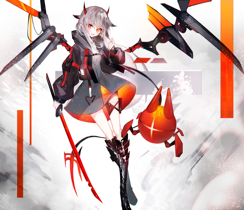 1girl animal_ears bangs black_footwear black_jacket blush boots commentary_request crossed_legs dress eyebrows_visible_through_hair fang grey_dress grey_hair hair_between_eyes hand_up highres holding holding_sword holding_weapon horns jacket katana knee_boots long_hair long_sleeves looking_at_viewer moemoe3345 multicolored_hair open_clothes open_jacket open_mouth original pointy_ears puffy_long_sleeves puffy_sleeves red_eyes redhead robot sleeves_past_wrists solo streaked_hair sword weapon