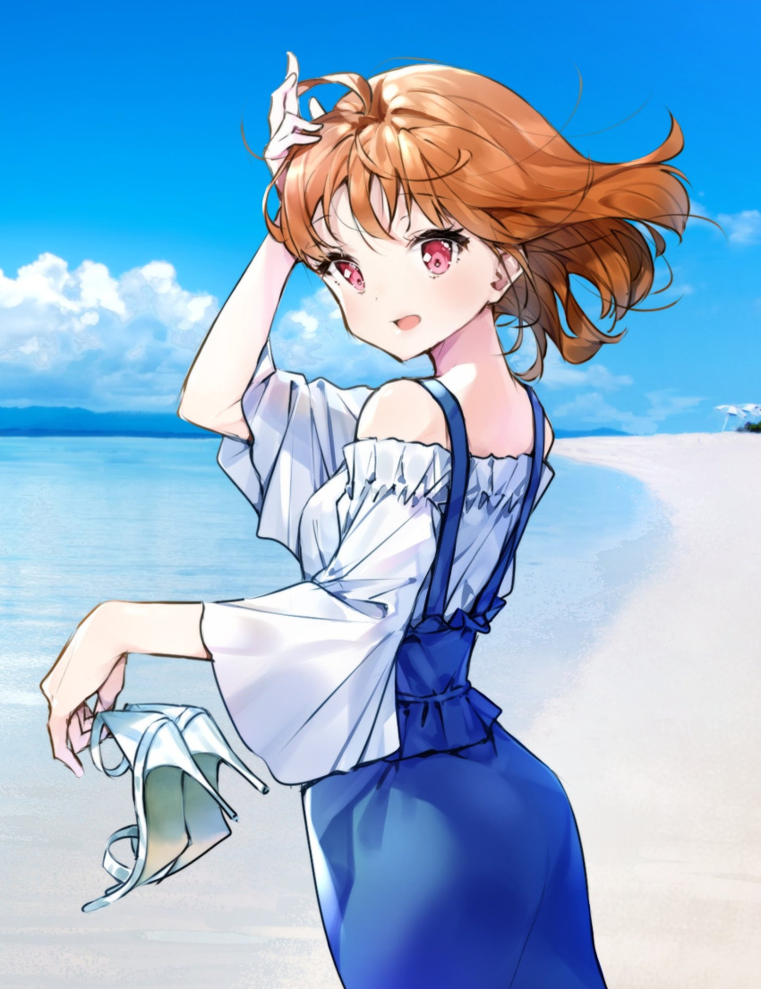 1girl ahoge arm_up ascii_media_works beach blue_skirt breasts bushiroad clouds cloudy_sky commentary_request cowboy_shot cute day eyebrows_visible_through_hair eyelashes floating_hair frilled_shirt frills hand_in_hair hand_on_own_head hand_up high_heels highres holding holding_shoes looking_at_viewer looking_to_the_side love_live! love_live!_sunshine!! moe ocean off-shoulder_shirt off_shoulder open_mouth open_toe_shoes orange_hair outdoors overall_skirt overalls parasol red_eyes sand shirt shoes short_hair skirt sky smile solo stiletto_heels strappy_heels sunrise_(studio) takami_chika takenoko_no_you umbrella water white_footwear white_shirt wide_sleeves