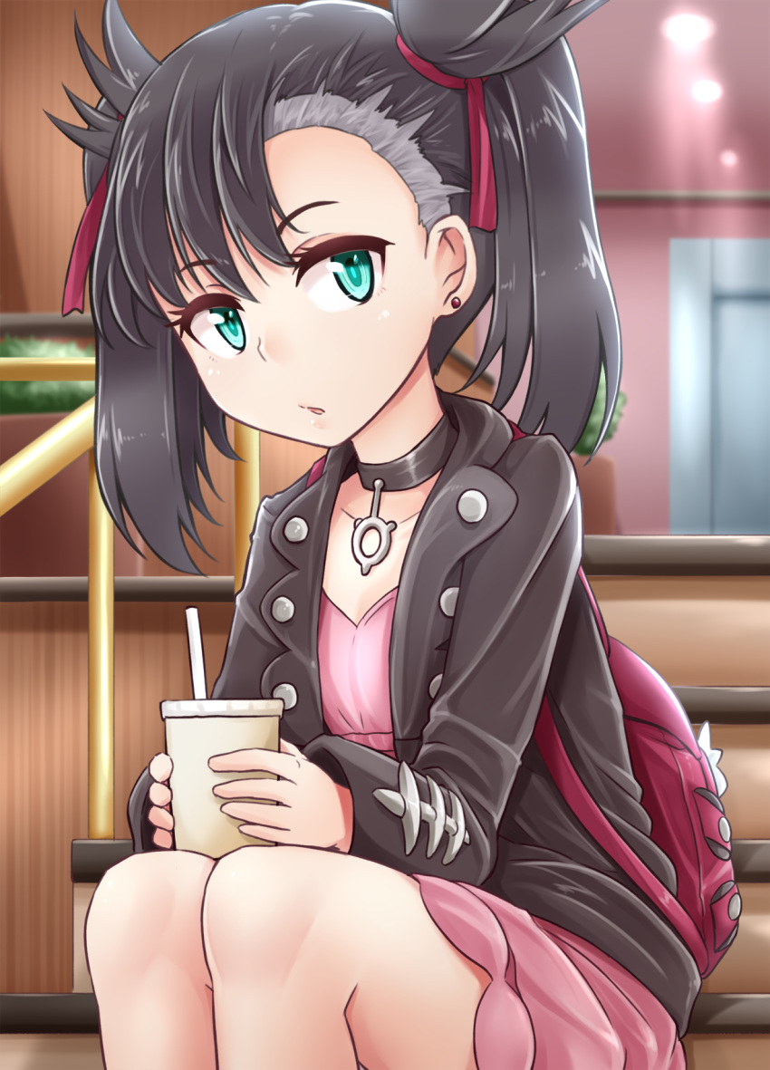 1girl aqua_eyes asymmetrical_bangs asymmetrical_hair bangs black_choker black_hair black_jacket blurry blurry_background choker commentary_request cup depth_of_field disposable_cup dress eyebrows_visible_through_hair hair_ribbon highres holding holding_cup indoors jacket kitayama_miuki leaning_forward long_sleeves looking_at_viewer mary_(pokemon) parted_lips pink_dress pokemon pokemon_(game) pokemon_swsh red_ribbon ribbon short_dress sitting solo stairs twintails