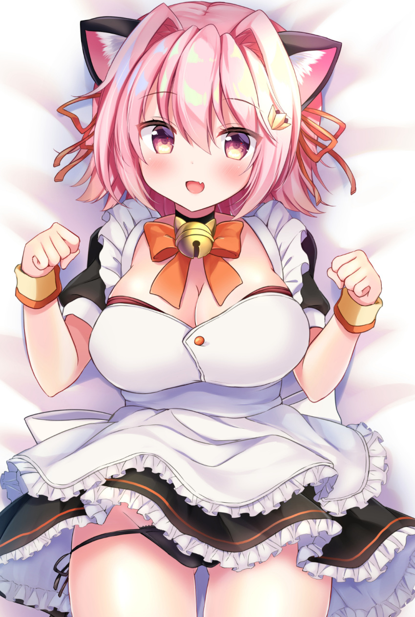 1girl alternate_costume animal_ears apron blush breasts cat_ears eyebrows_visible_through_hair frills hair_between_eyes highres kantai_collection large_breasts looking_at_viewer lying maid maid_apron maid_headdress masayo_(gin_no_ame) on_back open_mouth pink_hair short_hair skirt smile solo tama_(kantai_collection)