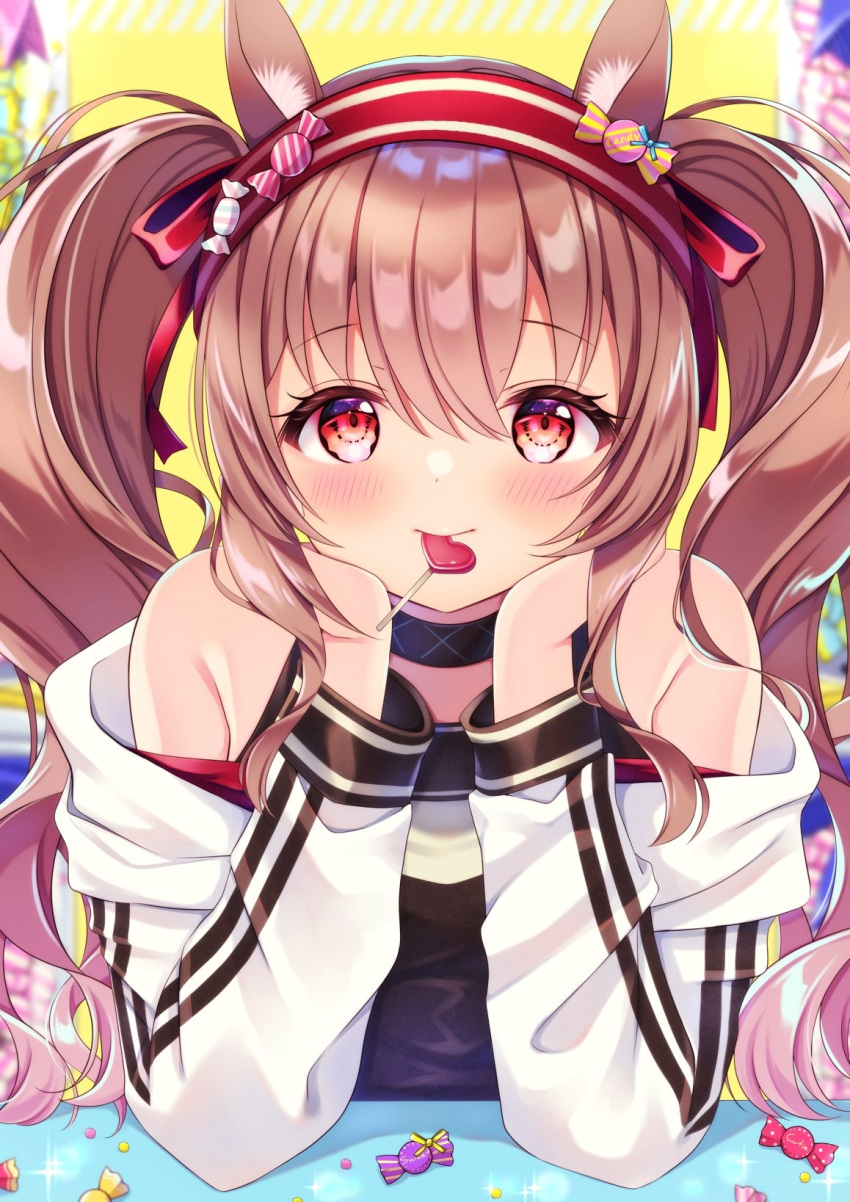1girl angelina_(arknights) animal_ear_fluff animal_ears arknights bangs bare_shoulders black_shirt blush brown_hair candy candy_hair_ornament closed_mouth collar eyebrows_visible_through_hair food food-themed_hair_ornament fox_ears hair_ornament hairband hands_on_own_cheeks hands_on_own_face heart highres infection_monitor_(arknights) jacket lollipop long_hair long_sleeves looking_at_viewer miwa_uni mouth_hold off_shoulder open_clothes open_jacket red_eyes shirt sidelocks smile solo table twintails two-tone_hairband white_jacket