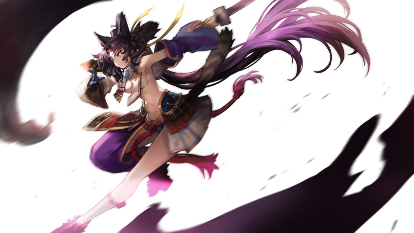 1girl animal_ears armor armpits asymmetrical_clothes bangs black_hair blue_eyes blue_gloves breasts closed_mouth detached_sleeves fate/grand_order fate_(series) full_body gloves goomrrat highres japanese_armor kusazuri long_hair looking_away mismatched_sleeves navel parted_bangs ponytail revealing_clothes serious sideboob single_glove single_pantsleg solo ushiwakamaru_(fate/grand_order) very_long_hair
