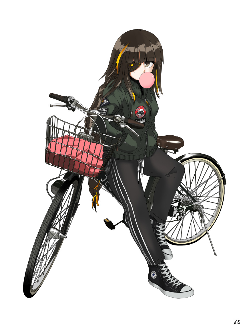1girl absurdres artist_request bicycle black_hair bomber_jacket braided_ponytail bubble_blowing chewing_gum commentary_request eyepatch girls_frontline ground_vehicle hands_in_pockets highres jacket long_hair m16a1_(girls_frontline) pants scar scar_across_eye shoes sneakers solo track_pants white_background