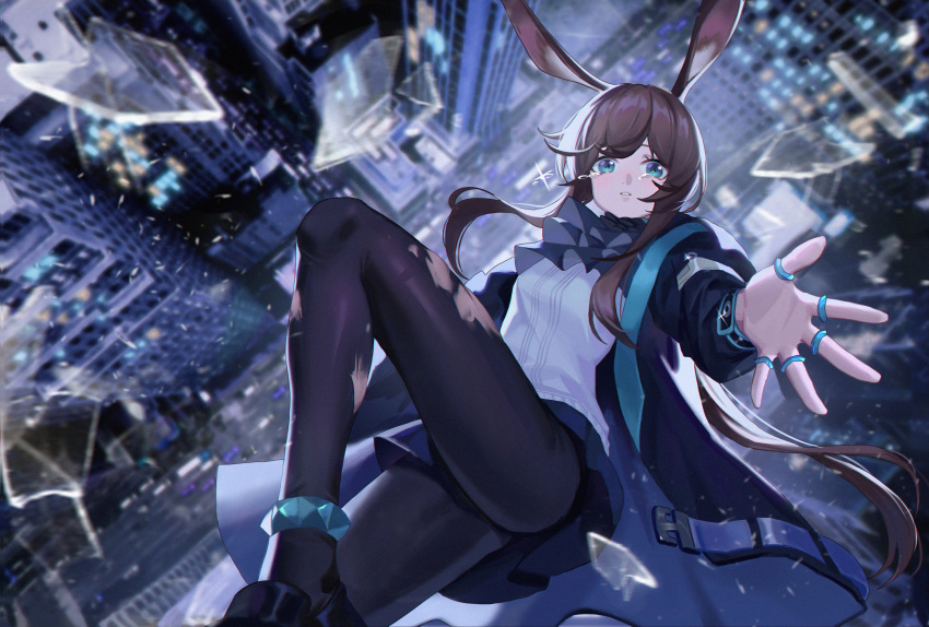 1girl absurdres amiya_(arknights) animal_ears anklet arknights black_footwear black_jacket black_legwear blue_eyes blurry blurry_background breasts brown_hair building cityscape falling from_above glass_shards highres huge_filesize jacket jewelry long_hair mo_si_(z1216150815) outstretched_hand pantyhose ring sidelocks skyscraper small_breasts solo tearing_up torn_clothes torn_legwear very_long_hair