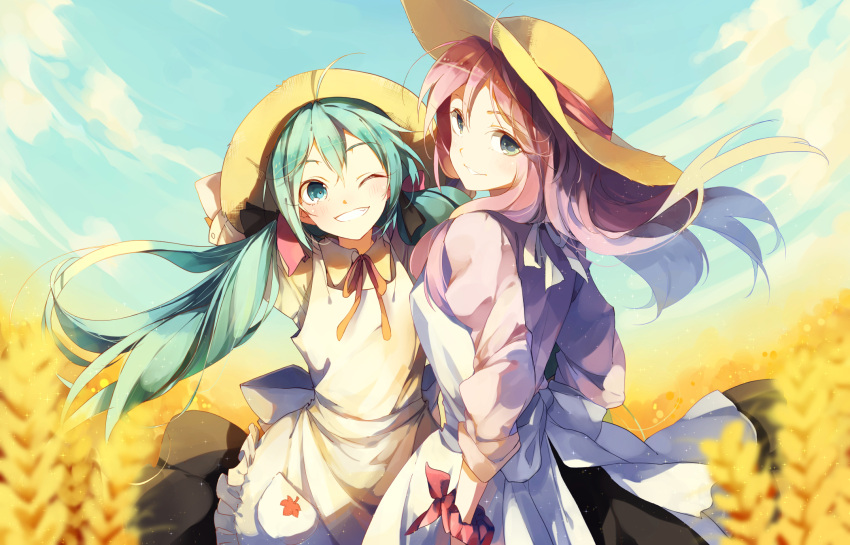 2girls apron aqua_eyes aqua_hair arms_on_head black_skirt blue_eyes blue_sky calendar_(medium) clouds cloudy_sky commentary day fisheye frilled_apron frills grin hat hatsune_miku highres leaf_print light_blush long_hair looking_at_viewer looking_back megurine_luka multiple_girls neck_ribbon one_eye_closed open_mouth outdoors parted_lips pink_hair pink_shirt red_ribbon ribbon scrunchie shirt shuzi skirt sky smile standing straw_hat twintails upper_body very_long_hair vocaloid wheat wheat_field white_shirt wrist_scrunchie