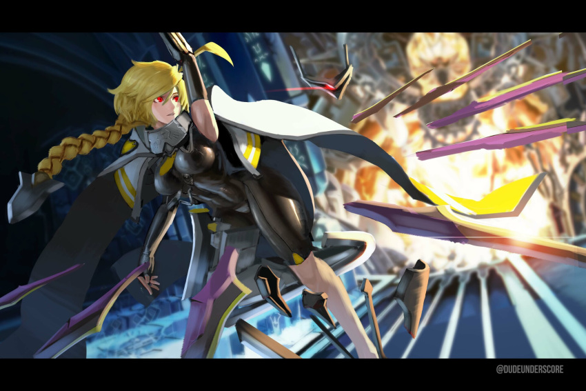 1girl ahoge blazblue blonde_hair bodysuit braid breasts cape highres jacky_lau lambda-11 long_hair red_eyes single_braid solo sword very_long_hair weapon