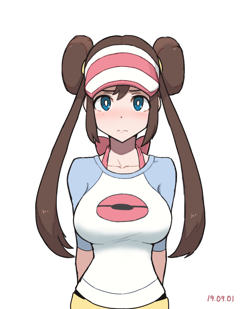 1girl blue_eyes blush bow brown_hair calendarv closed_mouth collarbone dated double_bun highres long_hair looking_at_viewer mei_(pokemon) nose_blush pink_bow pokemon pokemon_(game) pokemon_bw2 raglan_sleeves shirt short_sleeves shorts simple_background solo t-shirt twintails upper_body very_long_hair visor_cap white_background yellow_shorts