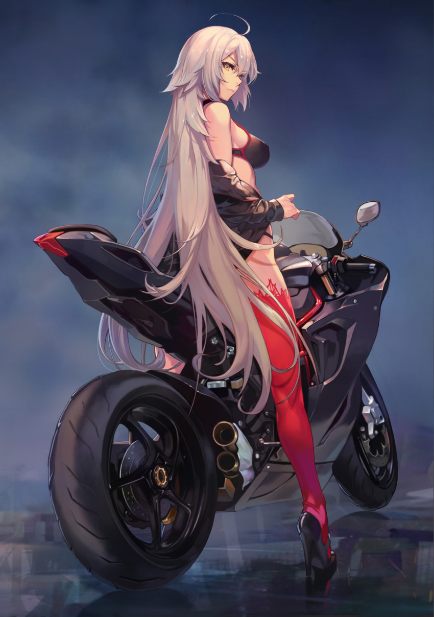 1girl ahoge bikini black_bikini black_choker black_footwear black_jacket breasts choker fate/grand_order fate_(series) full_body grey_hair ground_vehicle high_heels highres jacket jeanne_d'arc_(alter_swimsuit_berserker) jeanne_d'arc_(fate)_(all) long_hair medium_breasts motor_vehicle motorcycle off_shoulder oneko open_clothes open_jacket red_legwear single_thighhigh solo standing swimsuit thigh-highs very_long_hair yellow_eyes