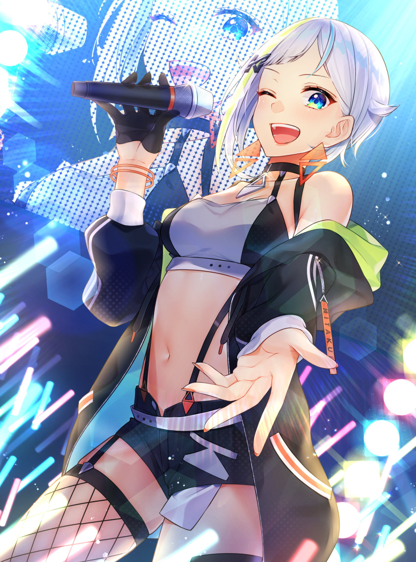 1girl ;d absurdres bangle bare_shoulders belt black_gloves black_jacket black_shorts blue_eyes bracelet breasts choker collarbone cowboy_shot crop_top earrings exposed_pocket fishnet_legwear fishnets gloves grey_shirt half_gloves hand_up highres holding holding_microphone jacket jewelry kitakubu kitazume_kumie kitazume_kumin long_sleeves looking_at_viewer medium_breasts microphone midriff multicolored_hair navel off_shoulder one_eye_closed open_clothes open_fly open_jacket open_mouth shirt short_hair short_shorts shorts silver_hair single_glove sleeveless sleeveless_shirt smile solo standing stomach streaked_hair suspenders thigh-highs thighs virtual_youtuber