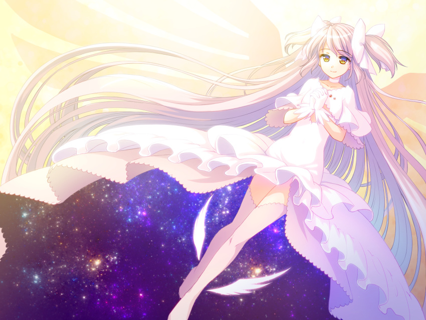 1girl absurdly_long_hair atsukan beige_background breasts choker collarbone dress dutch_angle eyebrows_visible_through_hair floating_hair frilled_dress frills full_body galaxy gloves goddess_madoka gradient gradient_background half-closed_eyes hands_clasped happy highres kaname_madoka legs_together long_dress long_hair looking_away mahou_shoujo_madoka_magica orange_background own_hands_together pink_hair pink_legwear polka_dot polka_dot_background ribbon ribbon_hair shiny shiny_hair sidelocks simple_background sky small_breasts smile solo star_(sky) starry_sky starry_sky_print straight_hair thigh-highs two_side_up very_long_hair white_background white_choker white_dress white_gloves white_neckwear white_ribbon wide_sleeves wings yellow_background yellow_eyes zettai_ryouiki