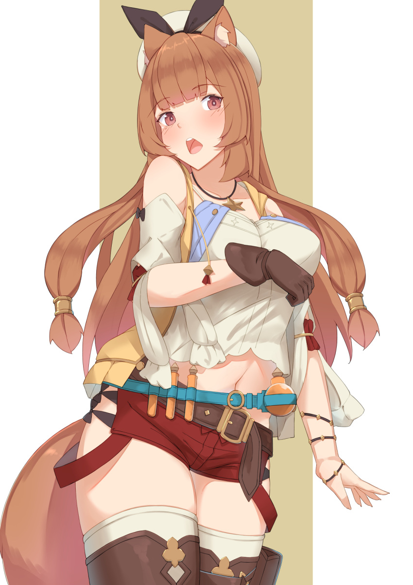 1girl :o animal_ear_fluff animal_ears arm_at_side atelier_(series) atelier_ryza bangs bare_shoulders belt belt_buckle beret black_ribbon blunt_bangs blush boots breasts bright_pupils brown_footwear brown_gloves buckle commentary cosplay cowboy_shot detached_sleeves eyebrows_visible_through_hair gloves hat hat_ribbon highres kusubii large_breasts long_hair looking_at_viewer navel open_mouth raccoon_ears raccoon_girl raccoon_tail raphtalia red_eyes red_shorts reisalin_stout reisalin_stout_(cosplay) ribbon round-bottom_flask short_shorts shorts solo tail tate_no_yuusha_no_nariagari test_tube thigh-highs thigh_boots thighhighs_under_boots two-tone_background very_long_hair white_hair white_headwear white_legwear wristband