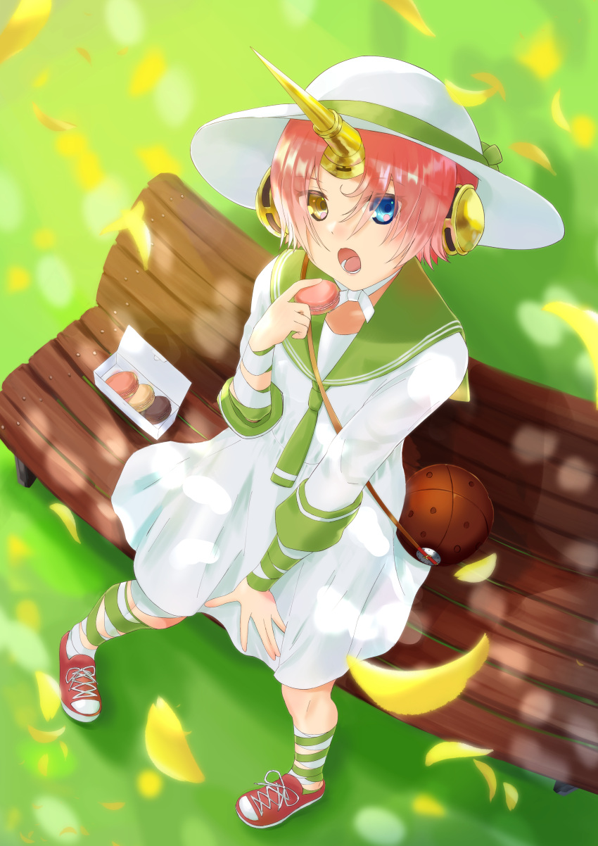 1girl :o absurdres bench blue_eyes box commentary_request dress fate/grand_order fate_(series) food frankenstein's_monster_(fate) from_above hat headgear highres holding holding_food horns looking_at_viewer on_bench park_bench petals pink_hair sailor_collar sailor_dress shoes short_hair sitting sitting_on_bench sneakers socks solo striped striped_legwear sun_hat tsukiyo_kapibara white_dress white_headwear yellow_eyes