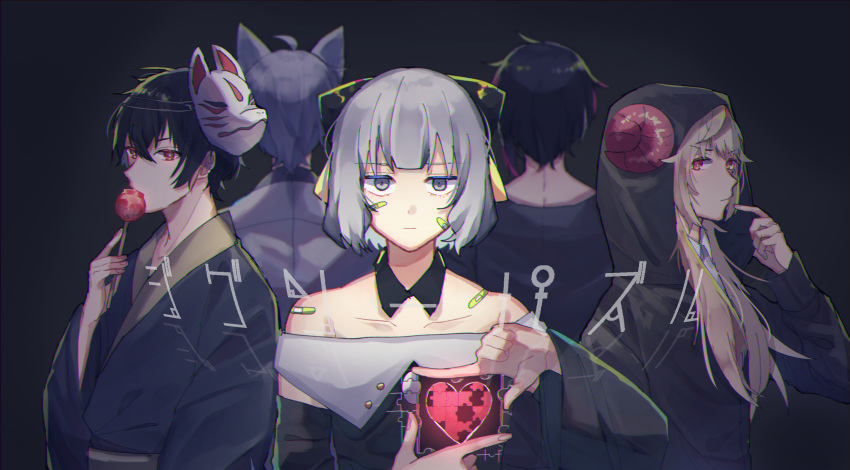 5boys absurdres animal_ears bandaid bandaid_on_face bandaid_on_shoulder bare_shoulders black_background black_collar black_hair blonde_hair candy_apple collar detached_collar facing_away food grey_hair heart highres hood japanese_clothes jigsaw_puzzle kimono long_hair long_sleeves looking_at_viewer mafumafu mask mask_on_head multiple_boys niconico oga_sleep puzzle puzzle_piece red_eyes red_horns standing