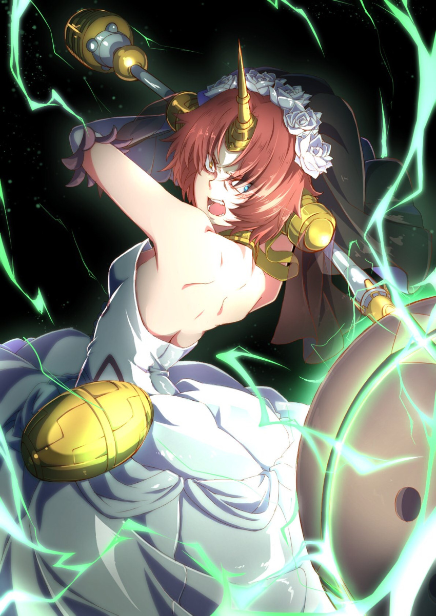 1girl :o angry bangs bare_back bare_shoulders black_veil blue_eyes breasts chaton_(m-u-chaton8812) commentary_request dress elbow_gloves electricity fate/apocrypha fate_(series) flower frankenstein's_monster_(fate) gloves hair_flower hair_ornament heterochromia highres holding holding_weapon horn long_dress looking_at_viewer mace parted_bangs pink_hair rose short_hair sleeveless sleeveless_dress small_breasts solo veil weapon white_dress white_flower white_gloves white_rose yellow_eyes