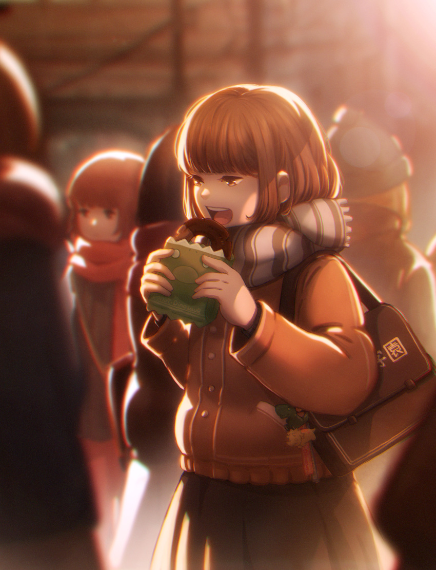 2boys 2girls :o absurdres bag bag_charm bangs blurry blurry_background brown_coat brown_eyes brown_hair charm_(object) chromatic_aberration coat dannychuchi doughnut eating enpera food handbag highres multiple_boys multiple_girls original red_scarf scarf school_uniform sidelocks skirt solo_focus standing winter