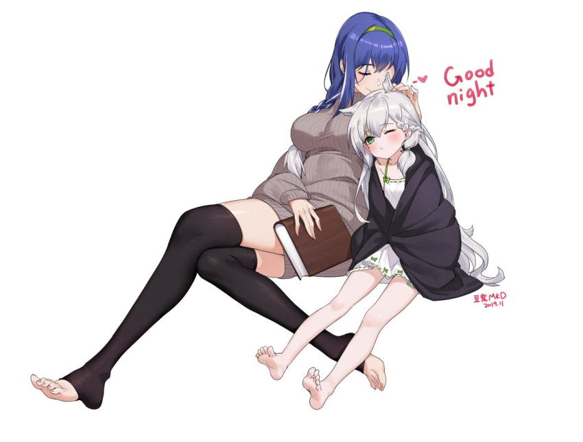 2girls animal_ears barefoot blanket blue_eyes blue_hair book breasts crossed_legs douwo_mkd dp-12_(girls_frontline) english_text girls_frontline hairband kiss ksvk_(girls_frontline) large_breasts long_hair multiple_girls one_eye_closed petting silver_hair sweater thigh-highs wolf_ears younger