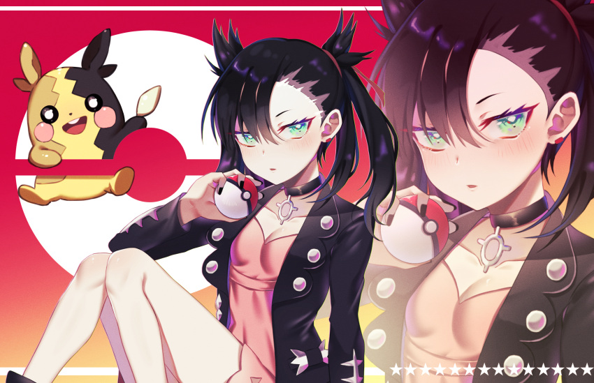 1girl aqua_eyes asymmetrical_hair bangs black_hair black_jacket black_nails blush breasts chen_yan choker commentary_request dress hair_ribbon highres jacket long_sleeves looking_at_viewer mary_(pokemon) morpeko pink_dress poke_ball pokemon pokemon_(game) pokemon_swsh ribbon twintails undercut