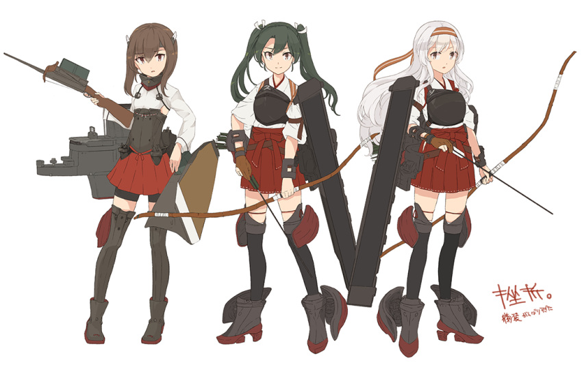 3girls bangs black_legwear boots bow_(weapon) brown_eyes brown_gloves brown_hair closed_mouth crossbow enu_(roco_roco44) eyebrows_visible_through_hair flight_deck gloves green_hair grey_footwear grey_legwear hair_between_eyes hair_ribbon headgear holding holding_bow_(weapon) holding_weapon japanese_clothes kantai_collection kimono long_hair long_sleeves machinery multiple_girls muneate parted_lips partly_fingerless_gloves pleated_skirt red_ribbon red_skirt ribbon shirt shoukaku_(kantai_collection) silver_hair simple_background single_glove skirt smile taihou_(kantai_collection) thigh-highs translated twintails very_long_hair weapon white_background white_kimono white_shirt yugake zuikaku_(kantai_collection)