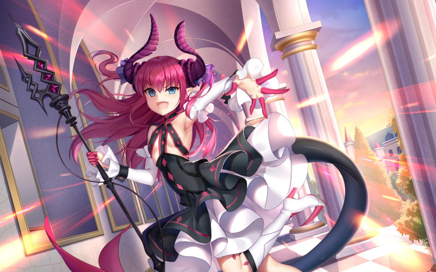 1girl :d architecture armpits black_dress blue_eyes breasts day detached_sleeves dragon_horns dragon_tail dress elizabeth_bathory_(fate) elizabeth_bathory_(fate)_(all) fang fate/grand_order fate_(series) floating_hair gothic_architecture highres holding holding_spear holding_weapon horns long_hair long_sleeves looking_at_viewer open_mouth outstretched_arm pillar polearm redhead small_breasts smile solo spear standing sunlight tail v-shaped_eyebrows weapon yue_xiao_e