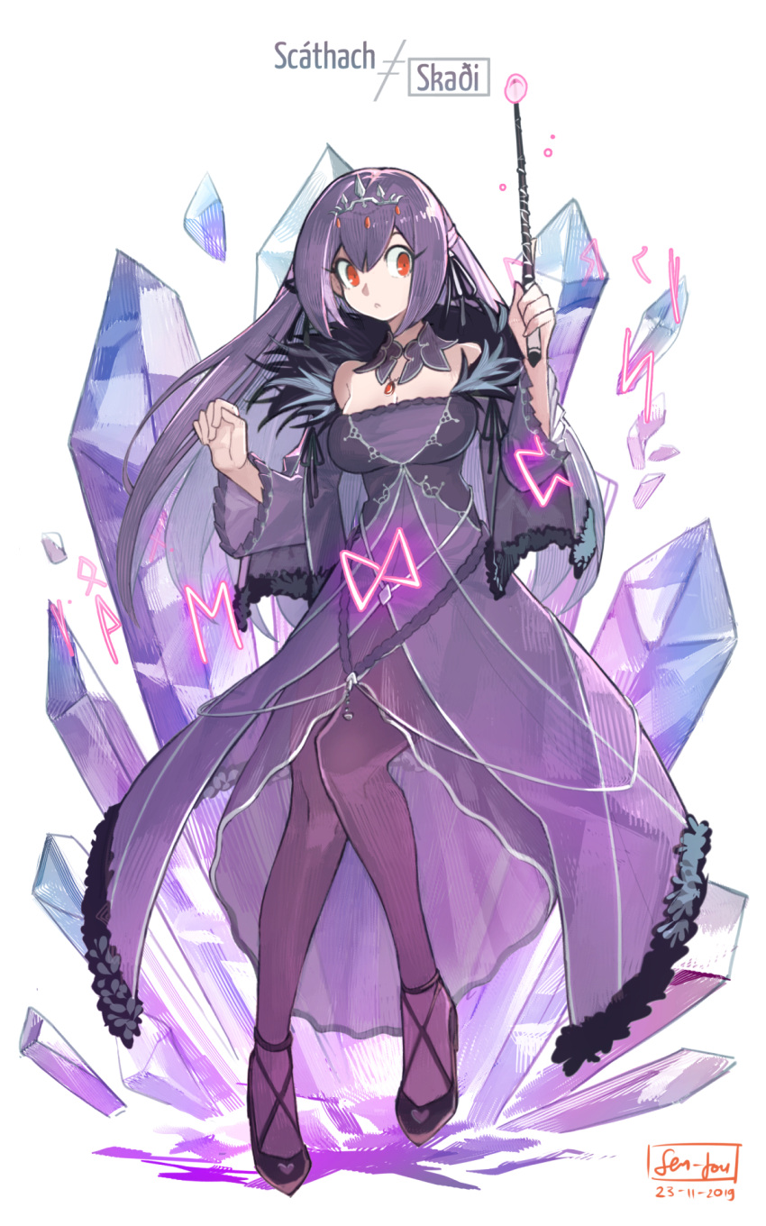 1girl artist_name bangs character_name crystal dated dress fate/grand_order fate_(series) feather_trim fur-trimmed_dress fur_trim hair_between_eyes headpiece heart_cutout high_heels highres holding holding_wand pantyhose purple_dress purple_hair red_eyes runes scathach_(fate)_(all) scathach_skadi_(fate/grand_order) sen-jou simple_background solo tiara wand white_background