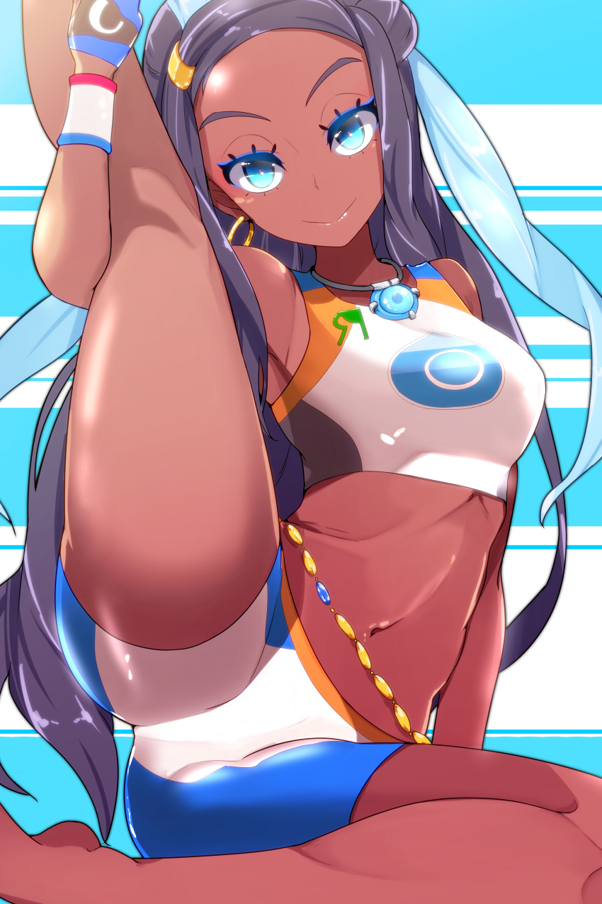 1girl absurdres armlet belly_chain black_hair blue_eyes blue_hair breasts commentary_request dark_skin earrings gloves gym_leader highres hoop_earrings jewelry leg_up long_hair looking_at_viewer multicolored_hair navel necklace pokemon pokemon_(game) pokemon_swsh pon_(shind_997) rurina_(pokemon) single_glove solo spread_legs swimsuit tankini two-tone_hair
