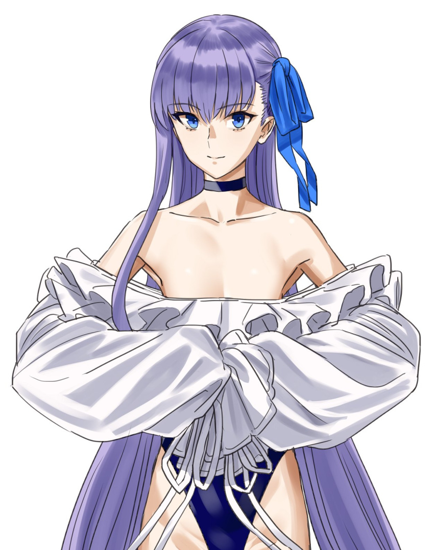 1girl bangs bare_shoulders blue_eyes blue_ribbon blue_swimsuit breasts choker collarbone fate/grand_order fate_(series) frills hair_between_eyes highleg highleg_swimsuit highres long_hair long_sleeves looking_at_viewer meltryllis meltryllis_(swimsuit_lancer)_(fate) michihasu one-piece_swimsuit puffy_sleeves purple_hair ribbon simple_background sleeves_past_fingers sleeves_past_wrists small_breasts smile solo swimsuit very_long_hair white_background