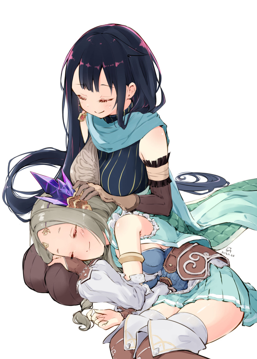 2girls aqua_skirt armlet atelier_(series) atelier_firis black_hair blue_scarf blush breasts brown_hair closed_eyes closed_mouth commentary_request dated detached_sleeves eyebrows_visible_through_hair firis_mistlud hand_on_another's_head hand_on_another's_leg highres jewelry lap_pillow liane_mistlud long_hair long_sleeves lying medium_breasts minidraco multiple_girls on_side pleated_skirt scarf seiza siblings signature single_earring sisters sitting skirt smile very_long_hair white_background