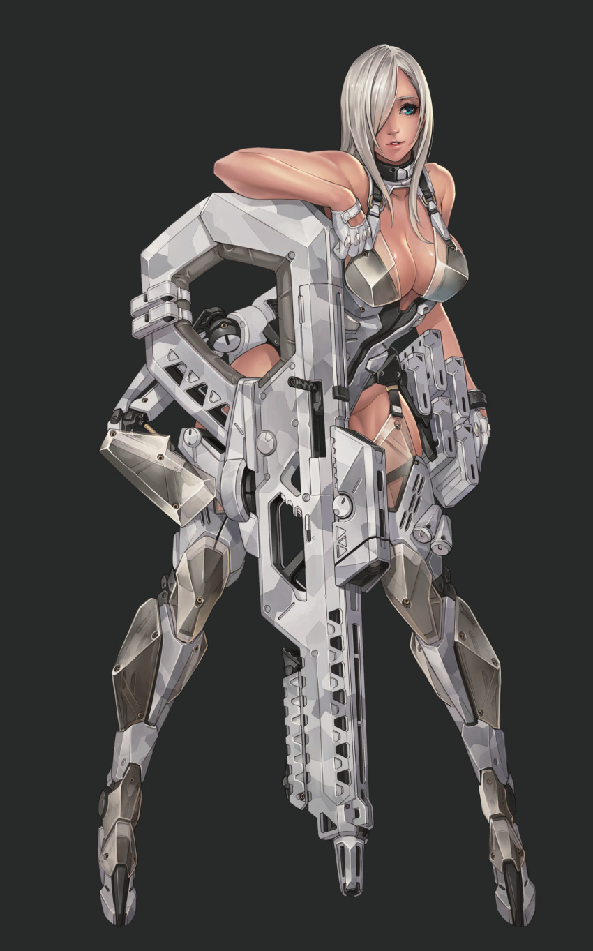 1girl absurdres armor black_background blue_eyes breasts commentary cyborg english_commentary full_body garter_straps gloves groin gun hair_over_one_eye highres large_breasts original soldier solo standing tan weapon wei_(kaminari0411) white_gloves white_hair