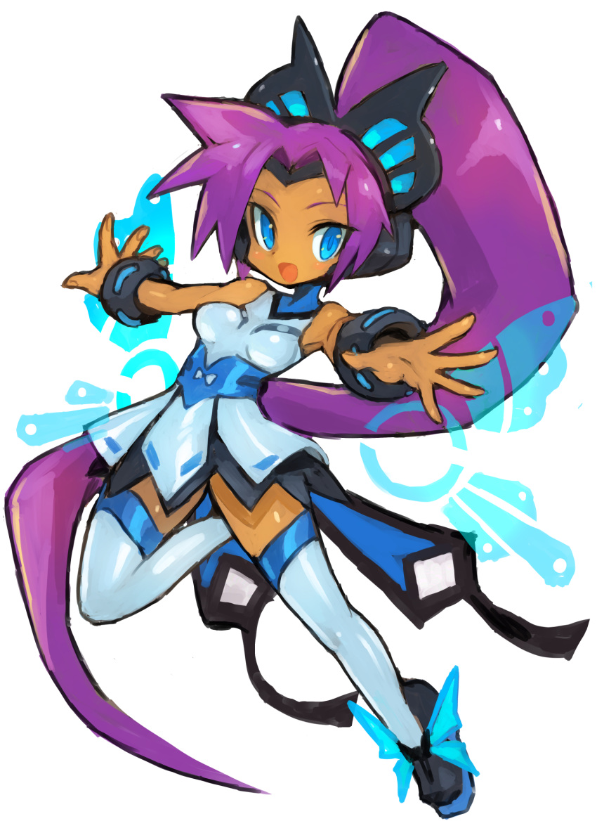 1girl alternate_costume arms_up bangs bare_shoulders black_footwear blue_dress blue_eyes blue_legwear bracelet breasts cosplay dakusuta dark_skin dress full_body hair_ornament happy high_ponytail highres jewelry leg_up long_hair looking_at_viewer open_mouth outstretched_arms purple_hair shantae_(character) shantae_(series) shiny shiny_clothes shiny_hair shiny_skin shoes simple_background sleeveless sleeveless_dress small_breasts smile solo spread_arms thigh-highs tied_hair turtleneck very_long_hair white_background wings zettai_ryouiki
