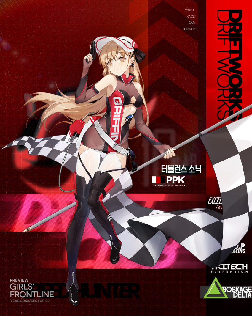 1girl aya_(547972106) bangs black_footwear black_legwear blonde_hair blush boots breasts center_opening character_name checkered checkered_flag clothes_writing dress earrings elbow_gloves eyebrows_visible_through_hair fingerless_gloves flag full_body girls_frontline gloves gun hair_between_eyes hair_ornament handgun highres holding holding_flag holding_gun holding_weapon holster jewelry light_brown_hair long_hair looking_at_viewer multiple_piercings official_art pistol ppk_(girls_frontline) racequeen see-through short_dress sidelocks sleeveless sleeveless_dress smile snap-fit_buckle solo thigh-highs trigger_discipline walther walther_ppk weapon