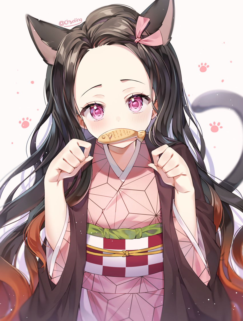 1girl absurdres animal_ears black_hair brown_hair cat_ears cat_girl cat_tail checkered chyoling commentary food food_in_mouth forehead gradient_hair hair_ribbon hands_up has_bad_revision has_downscaled_revision highres japanese_clothes kamado_nezuko kemonomimi_mode kimetsu_no_yaiba kimono long_hair looking_at_viewer mouth_hold multicolored_hair obi open_clothes paw_pose pink_eyes pink_kimono pink_ribbon ribbon sash solo symbol_commentary tail tail_raised taiyaki upper_body very_long_hair wagashi