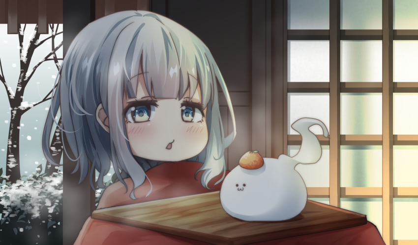 1girl :3 bangs bare_tree blue_eyes blunt_bangs blush commentary_request day food fruit indoors konpaku_youmu konpaku_youmu_(ghost) kotatsu looking_at_viewer mandarin_orange open_mouth overcast pegashi short_hair shouji silver_hair sliding_doors snowing solo table touhou tree under_kotatsu under_table