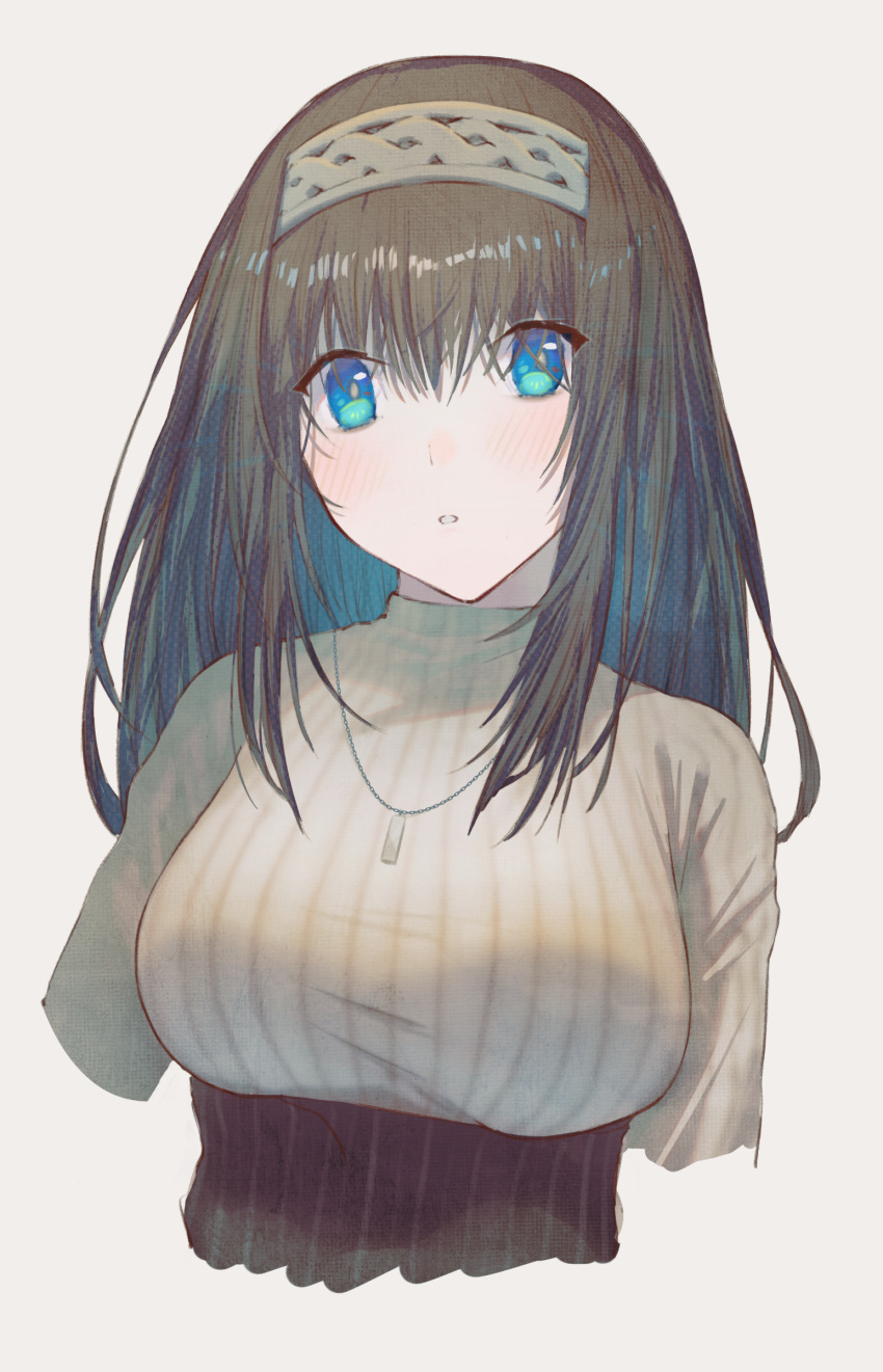 1girl absurdres aqua_eyes arms_at_sides bangs black_hair blush breasts cropped_arms cropped_torso eyes_visible_through_hair grey_background grey_hairband hairband head_tilt highres idolmaster idolmaster_cinderella_girls jewelry large_breasts long_hair long_sleeves looking_at_viewer necklace parted_lips pendant ribbed_sweater sagisawa_fumika shirt simple_background solo straight_hair sweater taut_clothes taut_shirt upper_body white_sweater yomizu