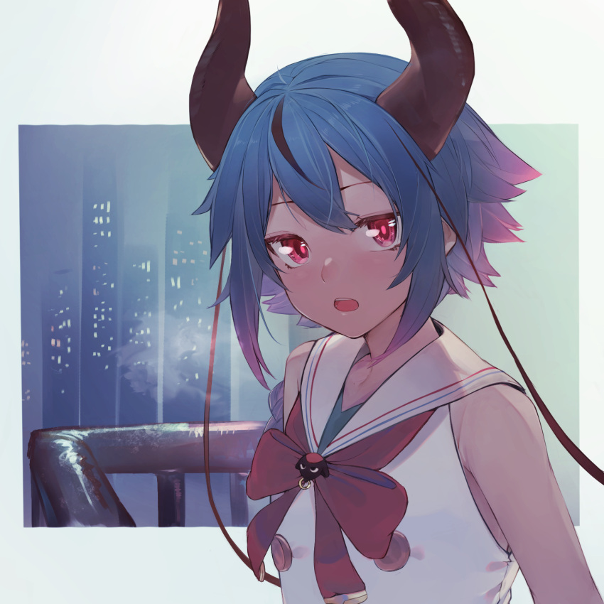 1girl :o bangs bare_shoulders black_hair blue_hair bow breath cityscape gradient_hair highres hiiragi_mikoto horns looking_at_viewer meika_mikoto multicolored_hair open_mouth outside_border pink_eyes pink_hair railing red_bow red_neckwear sailor_collar shirt short_hair sleeveless sleeveless_shirt solo streaked_hair upper_body voiceroid white_sailor_collar white_shirt