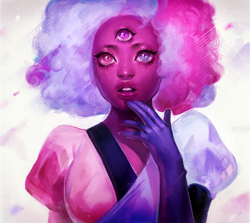 1girl :o afro breasts cotton_candy dress eyelashes garnet_(steven_universe) lips looking_at_viewer multicolored multicolored_clothes multicolored_dress multicolored_eyes multicolored_hair pink_skin plump simple_background solo sparkle sparkling_eyes steven_universe surprised touching viorie