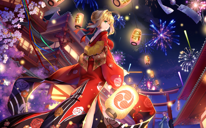 2girls aerial_fireworks ahoge architecture blonde_hair braid breasts building character_request cherry_blossoms crown_braid east_asian_architecture fate/grand_order fate_(series) fireworks floral_print flower green_eyes hair_intakes hair_ribbon highres holding japanese_clothes kimono lantern large_breasts long_sleeves looking_at_viewer looking_back multiple_girls nero_claudius_(fate) nero_claudius_(fate)_(all) night night_sky obi off_shoulder outdoors paper_lantern pink_flower purple_hair ribbon sash short_hair sky smile standing torii wide_sleeves yue_xiao_e yukata