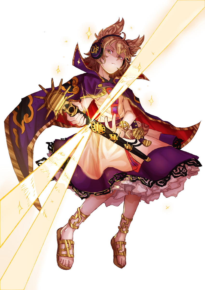 1girl absurdres anklet blonde_hair cape earmuffs frilled_skirt frills hair_between_eyes highres holding holding_sheath jewelry light_rays looking_at_viewer midair purple_cape sandals serious sheath sheathed short_hair skirt sleep_(isliping) solo sparkle sunbeam sunlight touhou toyosatomimi_no_miko yellow_eyes yellow_footwear