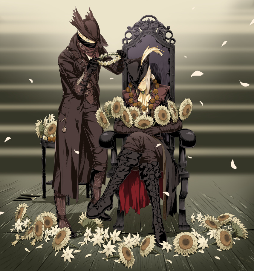 1boy 1girl arizuka_(catacombe) black_gloves blonde_hair bloodborne blue_eyes blush boots chair closed_eyes coat crossed_legs eyelashes flower gloves hat highres hunter_(bloodborne) jewelry lady_maria_of_the_astral_clocktower long_hair mask overcoat petals sunflower sweatdrop the_old_hunters vambraces vest white_hair wreath