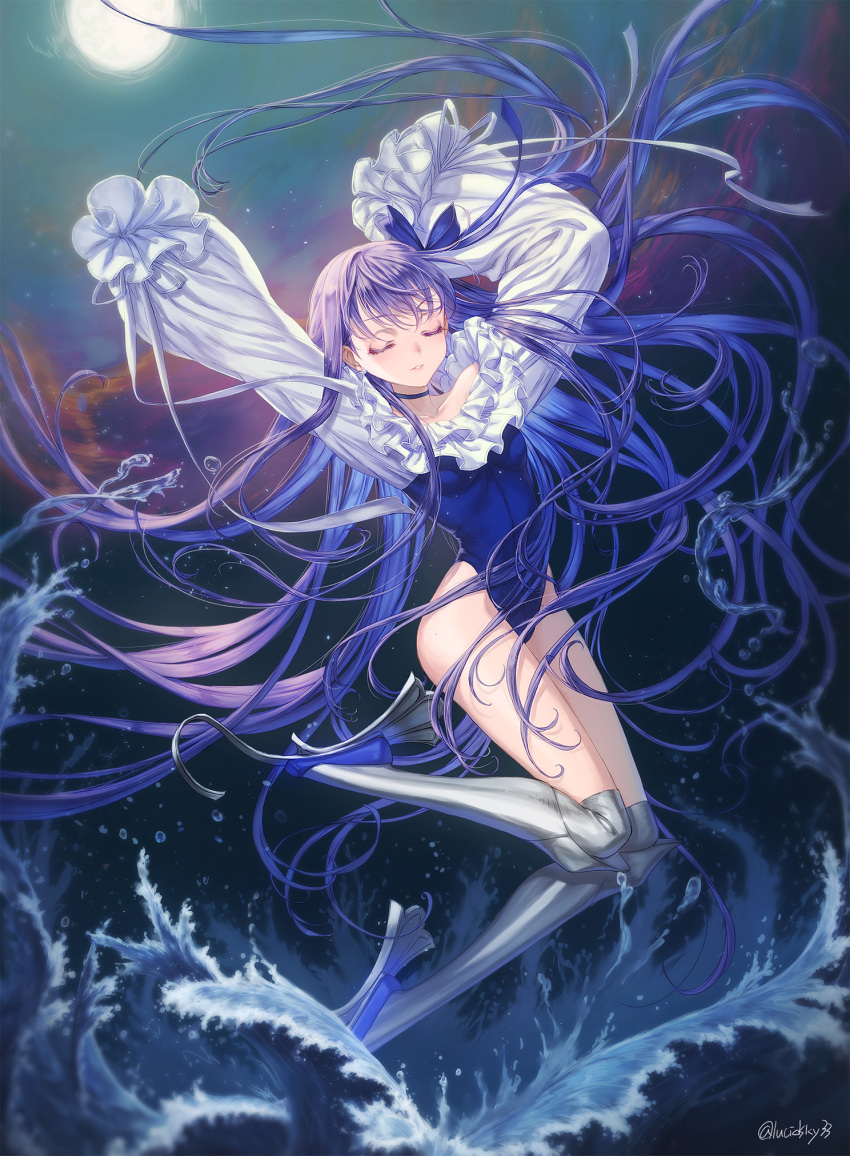 1girl armored_boots bangs blue_leotard boots choker closed_eyes collarbone dancing eyebrows_visible_through_hair eyelashes fate/grand_order fate_(series) frilled_leotard frills full_body full_moon highres leotard long_hair meltryllis meltryllis_(swimsuit_lancer)_(fate) moon night night_sky outdoors parnasso parted_lips prosthesis purple_hair sky sleeves_past_fingers sleeves_past_wrists smile solo star_(sky) starry_sky teeth thighs twitter_username very_long_hair very_long_sleeves waves