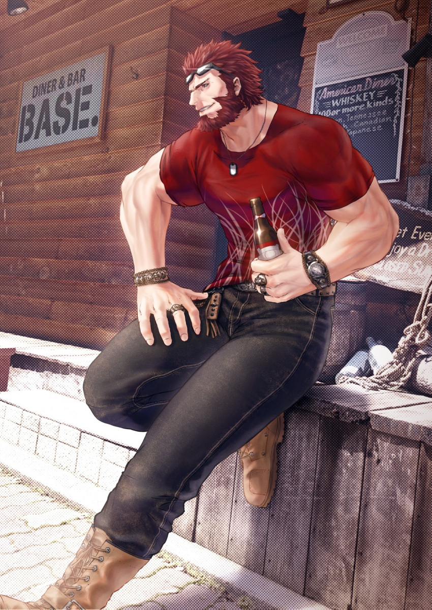 1boy bangs beard black_pants boots bottle brown_footwear building day denim dog_tags eyewear_on_head facial_hair fate/grand_order fate_(series) highres holding holding_bottle jeans looking_afar male_focus mugetsu2501 multiple_rings muscle outdoors pants parted_lips red_eyes red_shirt redhead rider_(fate/zero) shirt sitting smile sunglasses t-shirt watch wristband