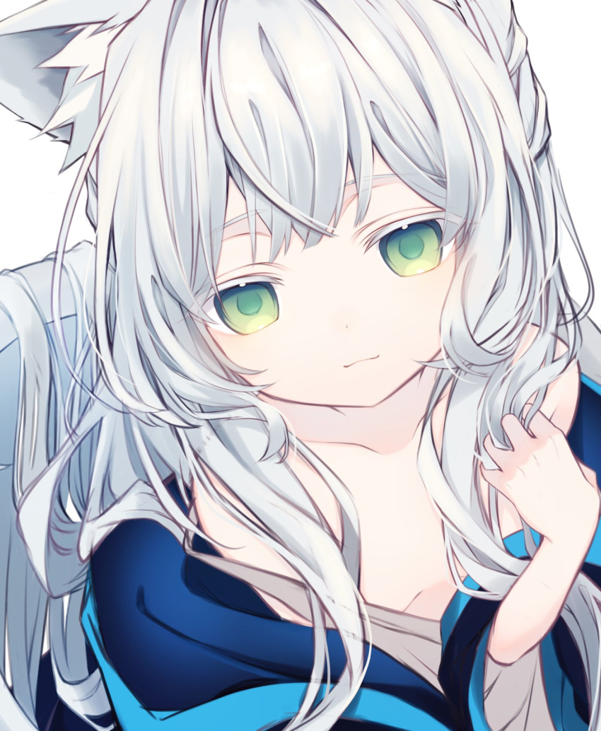1girl animal_ears arknights blush breasts cat_ears commentary commentary_request green_eyes grey_hair highres hk_nnm jacket long_hair looking_at_viewer portrait rosmontis_(arknights) simple_background small_breasts smile solo white_background