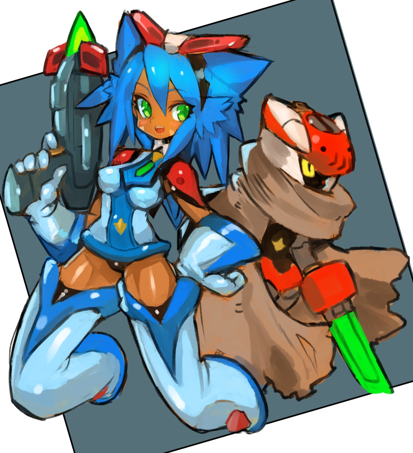 1girl :d bangs blue_hair boots breasts cape cloak commentary_request dakusuta dark_skin elbow_gloves energy_gun facial_mark full_body gloves green_eyes hair_between_eyes hand_on_hip highres holding holding_weapon medium_breasts medium_hair open_mouth original ray_gun robot simple_background smile spiky_hair thigh-highs thigh_boots weapon