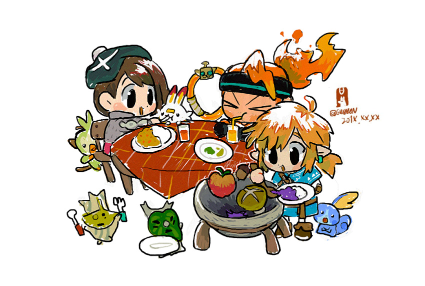 1boy 2girls apple chibi company_connection cooking crossover curry curry_rice eating fiery_hair food fork fruit gen_8_pokemon grey_cardigan grookey gw000n headband korok link multiple_girls mushroom nintendo plate pointy_ears pokemon pokemon_(creature) pokemon_(game) pokemon_swsh ponytail pot protagonist_(ring_fit_adventure) rice ring_(ring_fit_adventure) ring_fit_adventure scorbunny simple_background sobble spoon table tam_o'_shanter the_legend_of_zelda the_legend_of_zelda:_breath_of_the_wild yuuri_(pokemon)