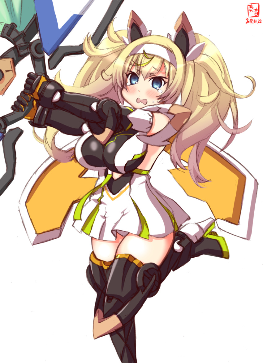 1girl alternate_costume animal_ears artist_logo black_footwear black_gloves blonde_hair blue_eyes boots breasts cat_ears commentary_request cosplay dated dress gambier_bay_(kantai_collection) gene_(pso2) gene_(pso2)_(cosplay) gloves hairband highres kanon_(kurogane_knights) kantai_collection large_breasts open_mouth phantasy_star phantasy_star_online_2 shield simple_background solo thigh-highs thigh_boots twintails white_background white_dress